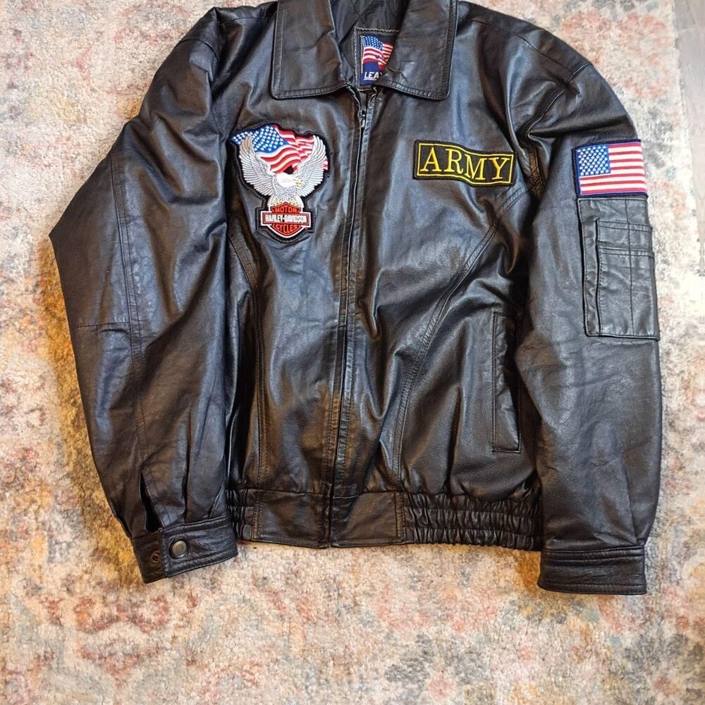 Vintage Genuine Leather Flight Jacket Military Army American Flag Patch